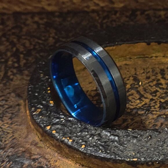Mens Black Blue Line Wedding Promise Ring or Wedding Ring Band - Picture 6 of 6
